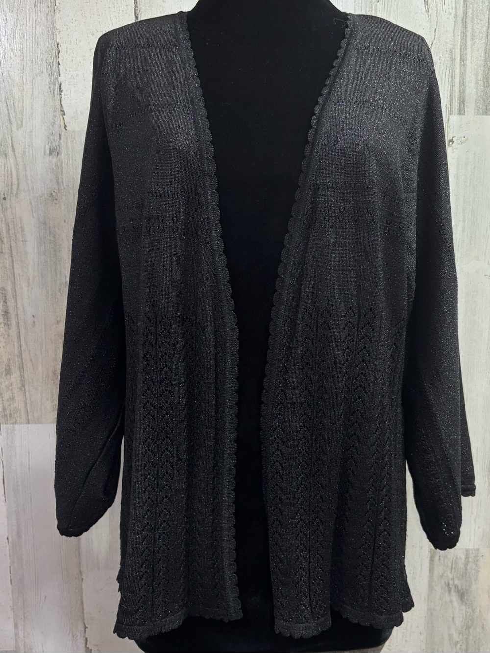 Lane Bryant Metallic Black Open Front Pointelle‎ Knit Cardigan Scalloped Trim